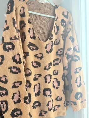 Reborn Tan Leopard Print V-Neck Sweater with Black and Pink Accents